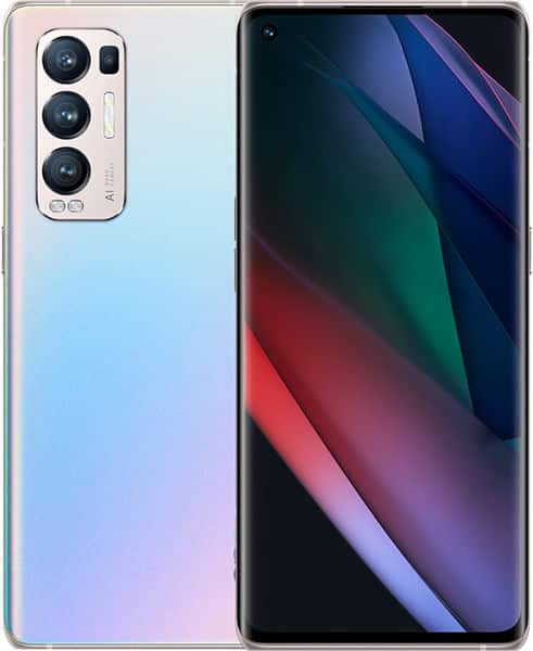 Oppo Find X3 Neo rear and front view, showing gradient blue-to-purple back with triple camera setup and display with colorful abstract wallpaper
