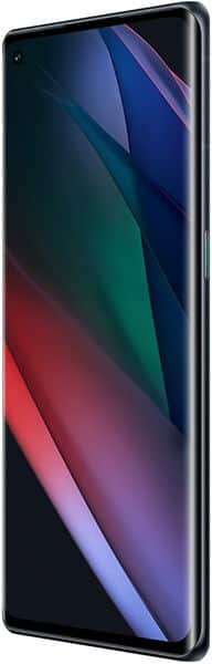 Oppo Find X3 Neo, front view with colorful gradient display showing geometric shapes in blue, green, and pink tones on a black background
