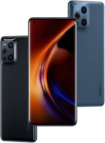 Oppo Find X3 Pro in black and blue, shown from front and rear angles displaying curved display and triple camera system