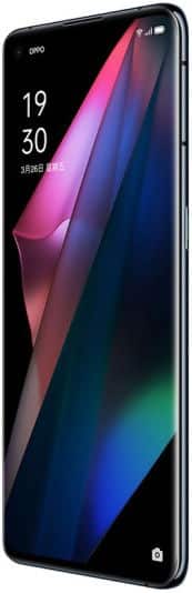 Oppo Find X3 Pro front view, displaying colorful gradient wallpaper and time 19:30 on screen
