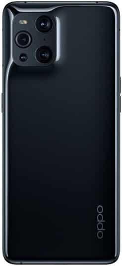 Oppo Find X3 Pro rear view, black finish with quad camera setup in upper left corner and "oppo" branding at bottom