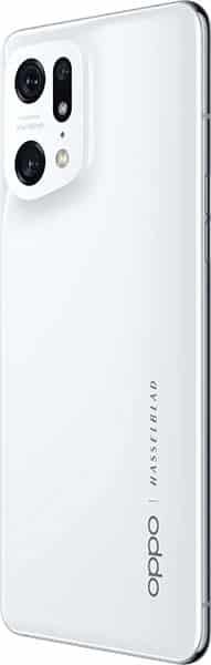 Rear angled view of white Oppo Find X5 Pro showing dual cameras, Hasselblad branding, and Oppo logo on the back.
