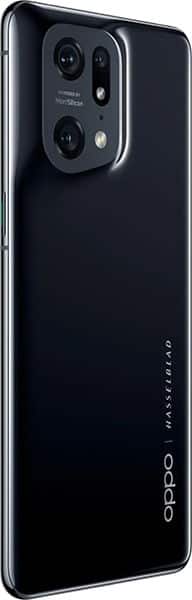 Rear view of black Oppo Find X5 Pro showing triple cameras, Hasselblad branding, and Oppo logo at lower right.