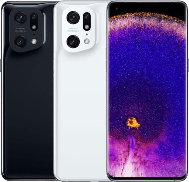 Black and white Oppo Find X5 Pro phones shown from the rear; a third phone displays its front with a vivid abstract screen.