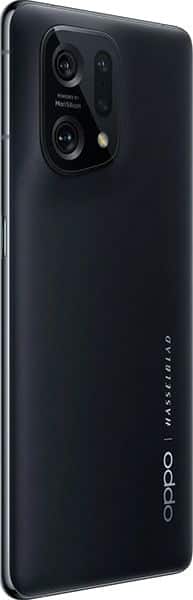 OPPO Find X5 rear view, black, showing dual camera module and "OPPO" branding on back