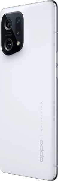 OPPO Find X5 rear view, white finish with dual camera setup on upper left corner