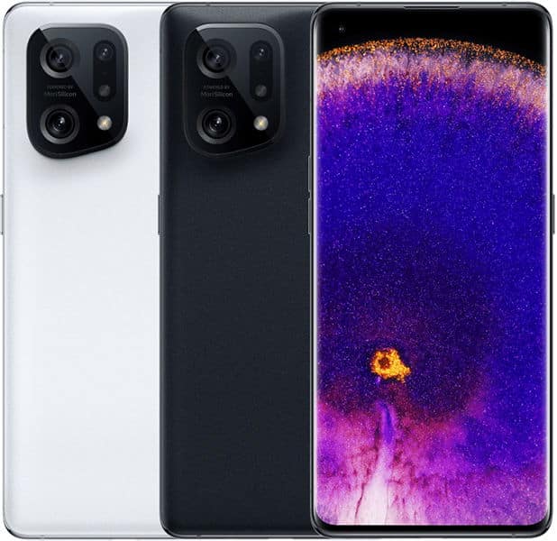 OPPO Find X5 shown in white and black, rear and front views, with quad camera setup and vibrant purple display