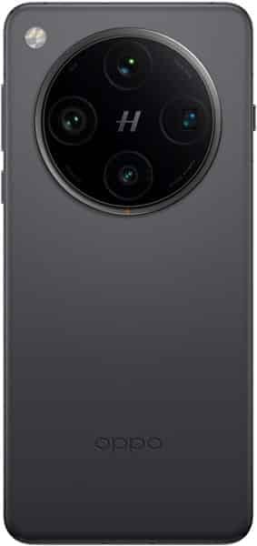 Oppo Find X8 Pro rear view, showing dark gray back with circular quad camera module and "H" marking
