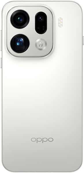 Oppo Find X9 Pro rear view, white phone with quad camera module featuring two large circular lenses and smaller sensors