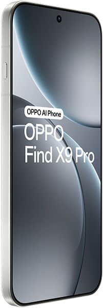 Oppo Find X9 Pro smartphone shown front-facing with display on, featuring curved edges and a centered hole-punch camera