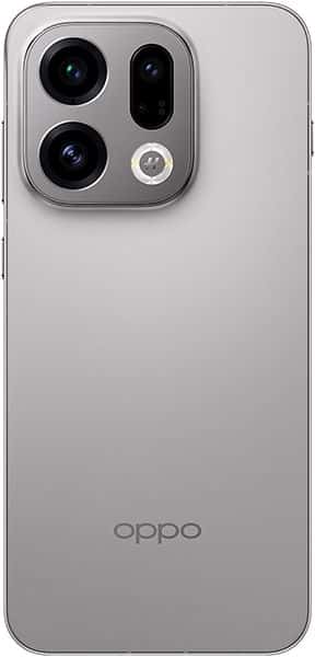 Oppo Find X9 rear view, silver finish, showing triple camera module with two large circular lenses and one oval lens
