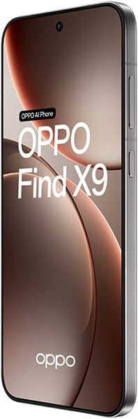 Oppo Find X9 smartphone displayed front-on, showing lock screen with curved bronze and black gradient design and centered camera hole