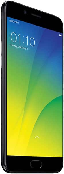 Oppo R9s front view, black smartphone displaying home screen with time 01:10 and colorful blue-to-yellow gradient wallpaper