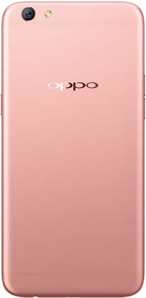 Oppo R9s rear view, rose gold finish with camera and flash at top left, Oppo logo centered on back panel