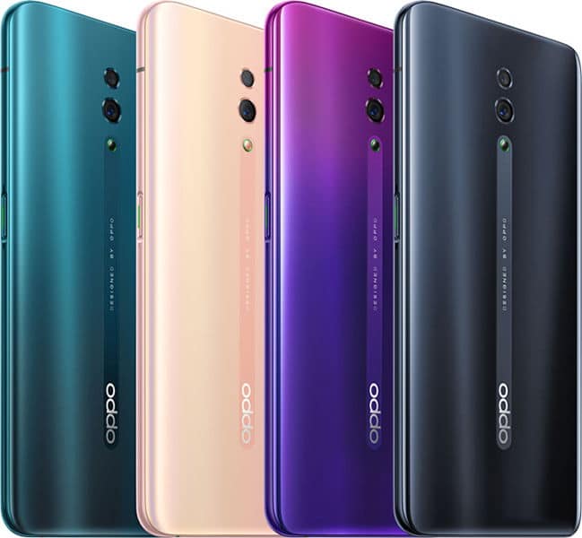 Oppo Reno phones shown from rear in four colors: teal, light pink, purple, and dark gray, each displaying dual camera setup