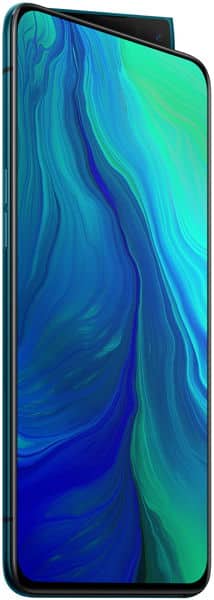 OPPO Reno 10x Zoom front view displaying blue and green gradient wallpaper on screen with pop-up camera