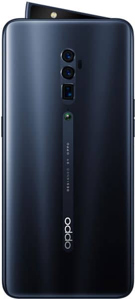 OPPO Reno 10x Zoom rear view showing dark blue body with dual camera setup and pop-up selfie mechanism