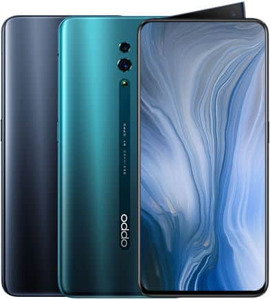 Oppo Reno smartphone shown front and rear views in midnight black and turquoise finishes, displaying curved display and triple rear camera setup