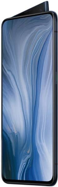Oppo Reno 5G front view with pop-up camera mechanism raised, displaying blue abstract wallpaper on screen