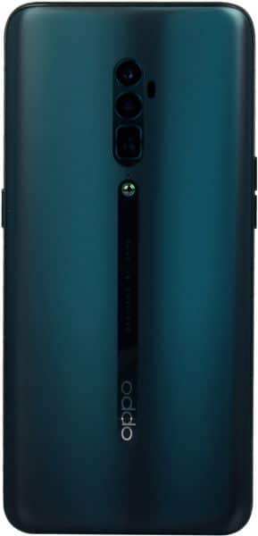 Oppo Reno 5G rear view showing teal gradient finish with triple camera lens array and Oppo branding