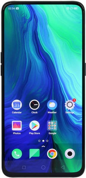 Oppo Reno 5G front view displaying home screen with blue and green abstract wallpaper and app icons