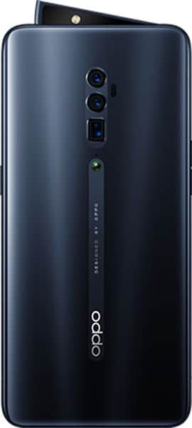 Oppo Reno 5G rear view showing dark blue body with dual rear cameras and pop-up selfie camera mechanism at top