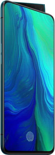 Oppo Reno smartphone front view with turquoise and blue gradient wallpaper on screen, fingerprint sensor visible at bottom