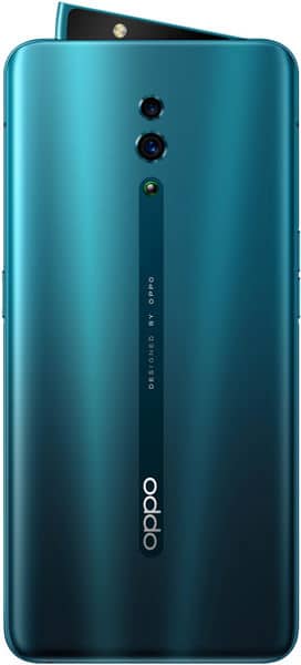 Oppo Reno rear view, teal blue finish with triple camera setup and pop-up selfie camera visible at top edge