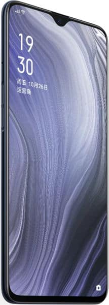 Oppo Reno Z front view with waterdrop notch display showing time 19:30 and Chinese text on purple gradient wallpaper