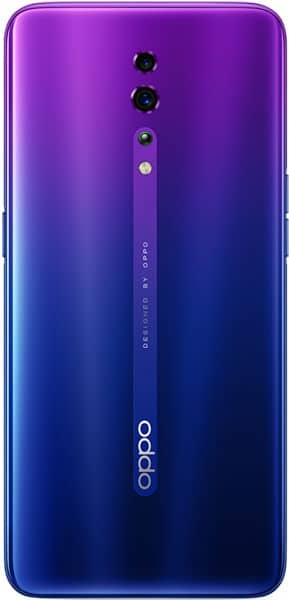 Oppo Reno Z rear view, purple to blue gradient finish with dual rear cameras and vertical camera module strip