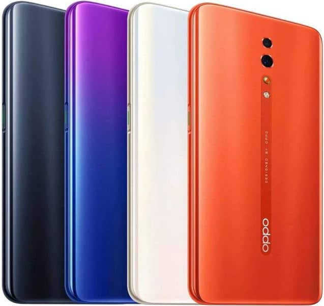 Oppo Reno Z rear view in four color options: dark blue, purple-blue gradient, white, and coral red