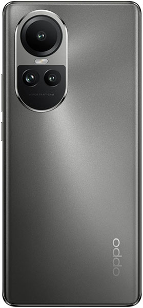 OPPO Reno10 5G rear view, gray finish with dual camera module and OPPO branding visible