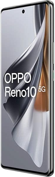 OPPO Reno10 5G phone, front view, displaying curved abstract design on screen with gold accents on the side