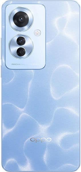 Oppo Reno11 F rear view, light blue with cloud-like pattern, dual camera setup with larger main lens and smaller telephoto lens