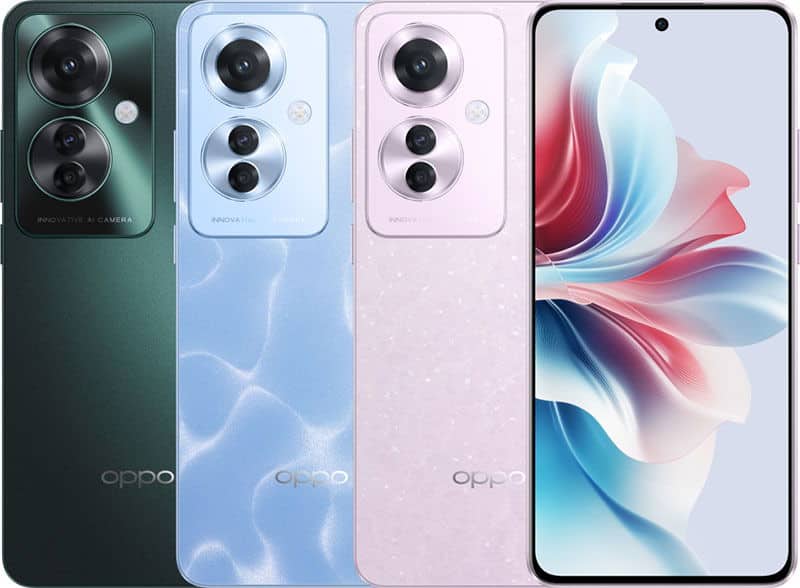 Oppo Reno11 F in three color variants shown from rear and front views. Rear displays dual camera setup; front shows colorful abstract wallpaper on screen