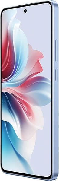 Oppo Reno11 F front view showing display with colorful blue and red gradient wallpaper and single camera hole