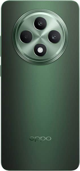 Oppo Reno12 F rear view, showing a green back panel with a circular camera module containing four lenses and a flash