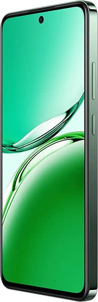 Oppo Reno12 F front view with turquoise and green gradient display, punch-hole camera, and black frame