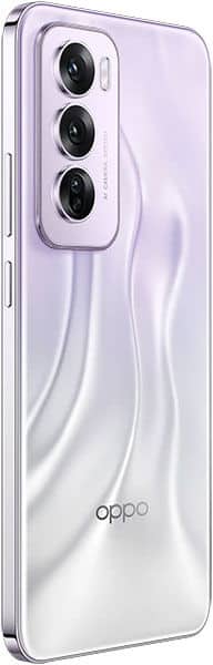 Oppo Reno12 Pro rear view showing triple circular camera lenses and glossy white gradient back panel