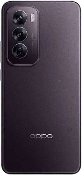 Oppo Reno12 rear view, black finish with triple camera array and Oppo logo