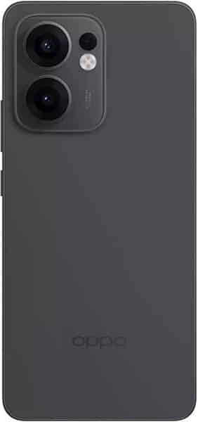 Rear view of matte black Oppo Reno13 FS showing dual camera lenses, flash, and Oppo logo at the bottom.