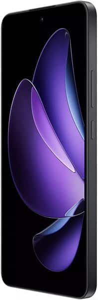 Black Oppo Reno13 FS angled front view; screen displays purple abstract design, right-side buttons visible.