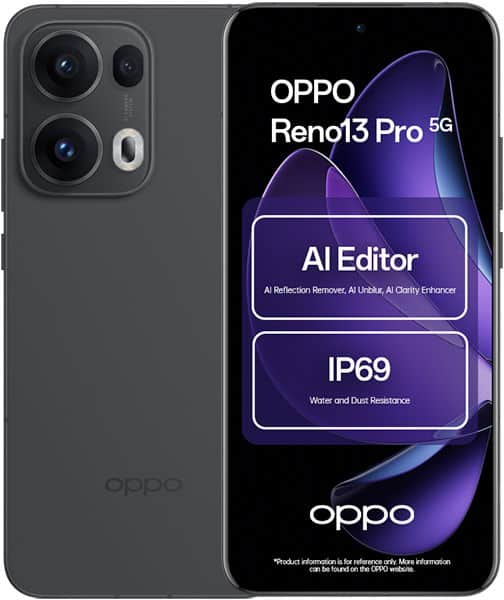 Oppo Reno13 Pro 5G front and rear view. Black phone showing quad camera setup on back and display with AI Editor and IP69 water resistance features highlighted