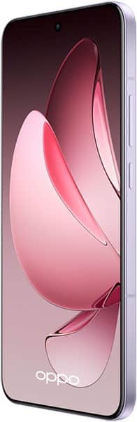Oppo Reno13 Pro front view, showing display with pink abstract floral design and Oppo logo at bottom