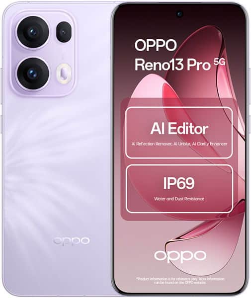Oppo Reno13 Pro 5G front and rear view showing light purple phone with triple camera setup and display featuring AI Editor and IP69 water resistance specs
