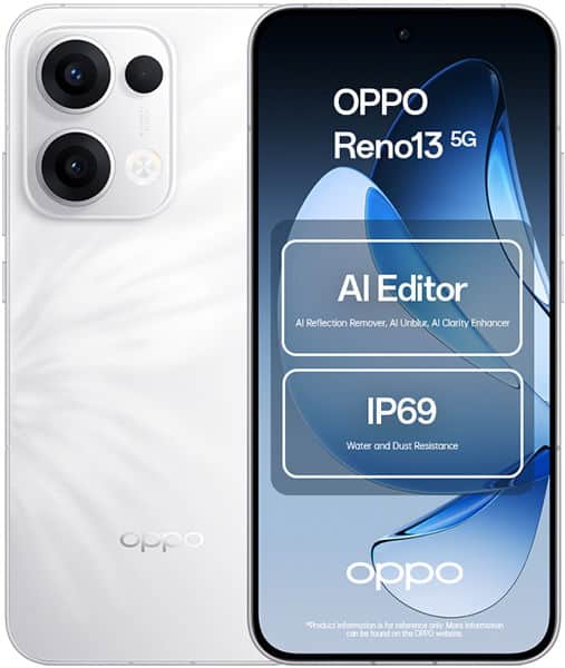 Oppo Reno13 5G smartphone shown front and rear views. White back with triple camera setup, black front screen displaying AI Editor and IP69 water resistance features