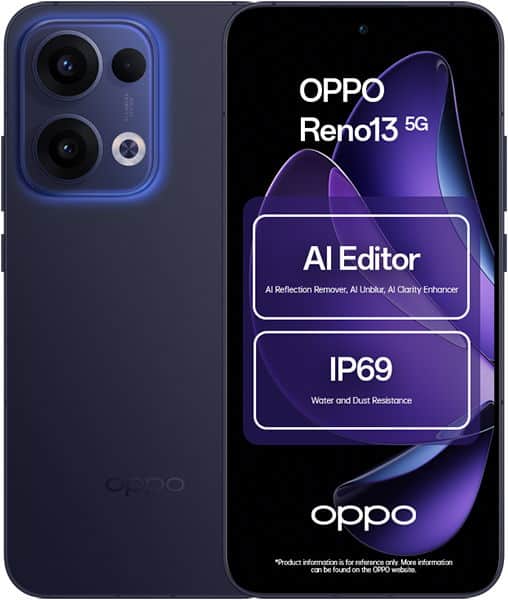 Oppo Reno13 5G front and rear view, dark blue, showing triple camera setup and screen displaying AI Editor and IP69 water resistance features
