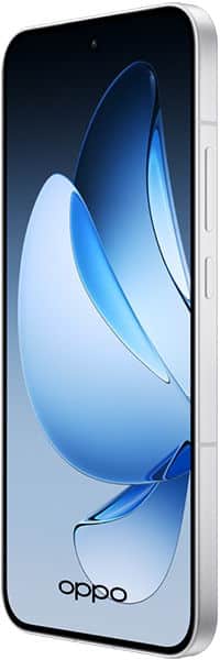 Oppo Reno13 smartphone front view with display showing blue curved design wallpaper and silver side frame