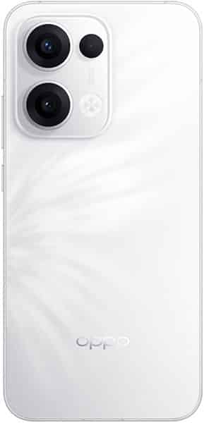 Oppo Reno13 rear view, white phone with triple camera setup and Oppo logo visible
