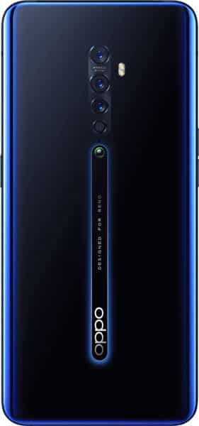 Oppo Reno2 rear view, midnight blue back with quad camera setup and vertical periscope zoom lens module
